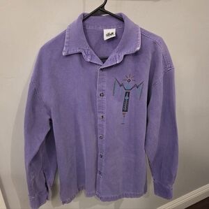 This is a vintage 1990s purple long-sleeved button-up shirt with a southewest De